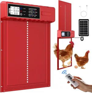 Automatic Chicken Coop Door Solar Powered with XL Large Size 10.8″x 14.2″ Red Auto Chicken Door Design with USB-C Charging & 3 Modes, Anti-Pinch & Aluminum Alloy Weather Proof