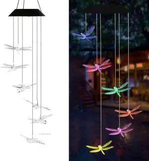 AVEKI Solar Wind Chimes Outdoor, Color-Changing Solar Mobile Wind Chime Waterproof Solar Powered LED Hanging Lamp for Outdoor Garden Festival Decoration (Dragonfly)