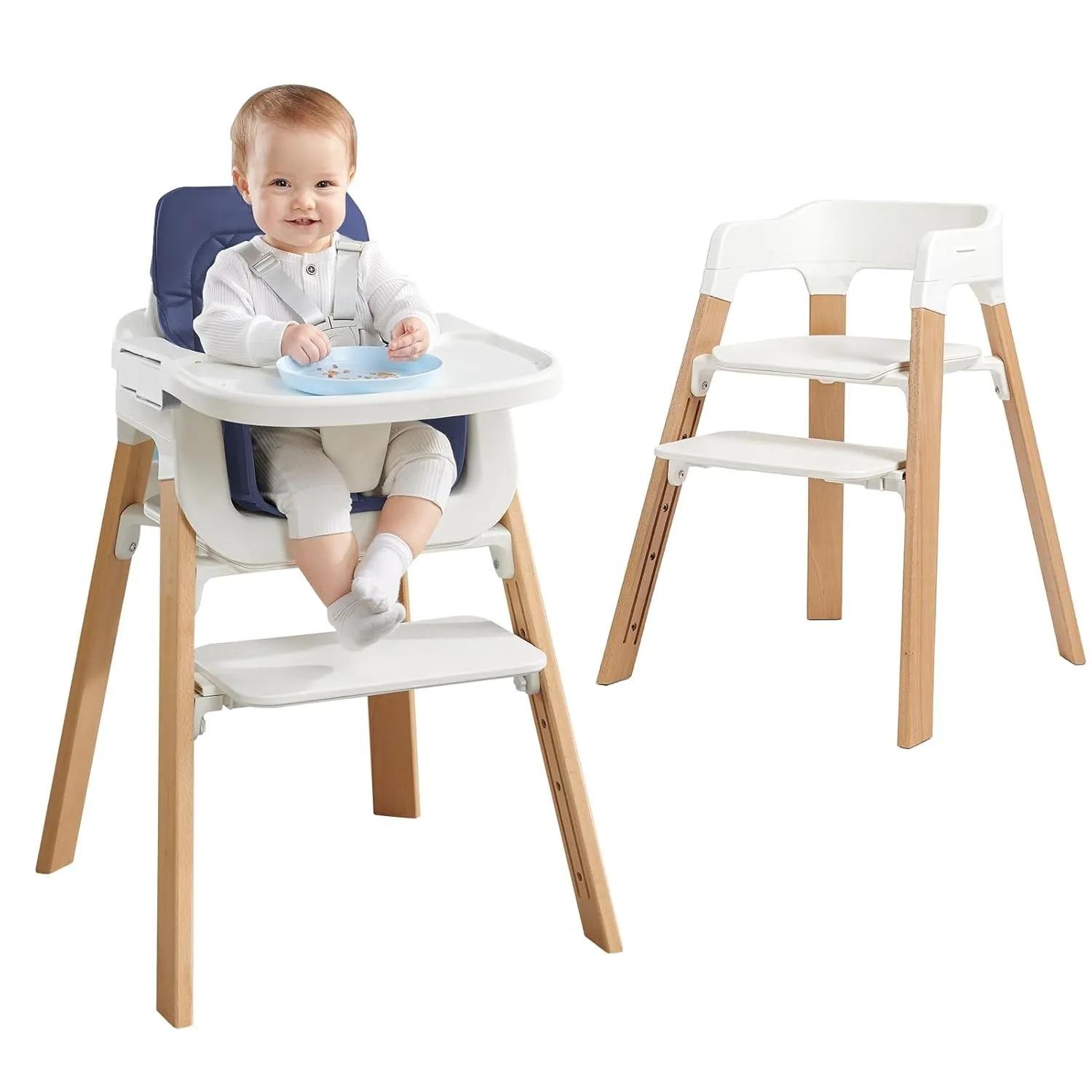 Baby High Chair,Toddler Eating Chairs with Tray & Removable Cushion & 4-Levels Pedal & Padded 5-Point Harness, Chair Grows with Kid for Dining, Studying（Navy Blue