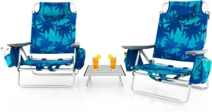 Backpack Beach Chair, 5 Position Adjustable Camping Chairs with Aluminum Table, Head Pillow, Cooler Bag, Cup Holders, Folding Beach Chairs for Adults (with Table, Coconut Tree)