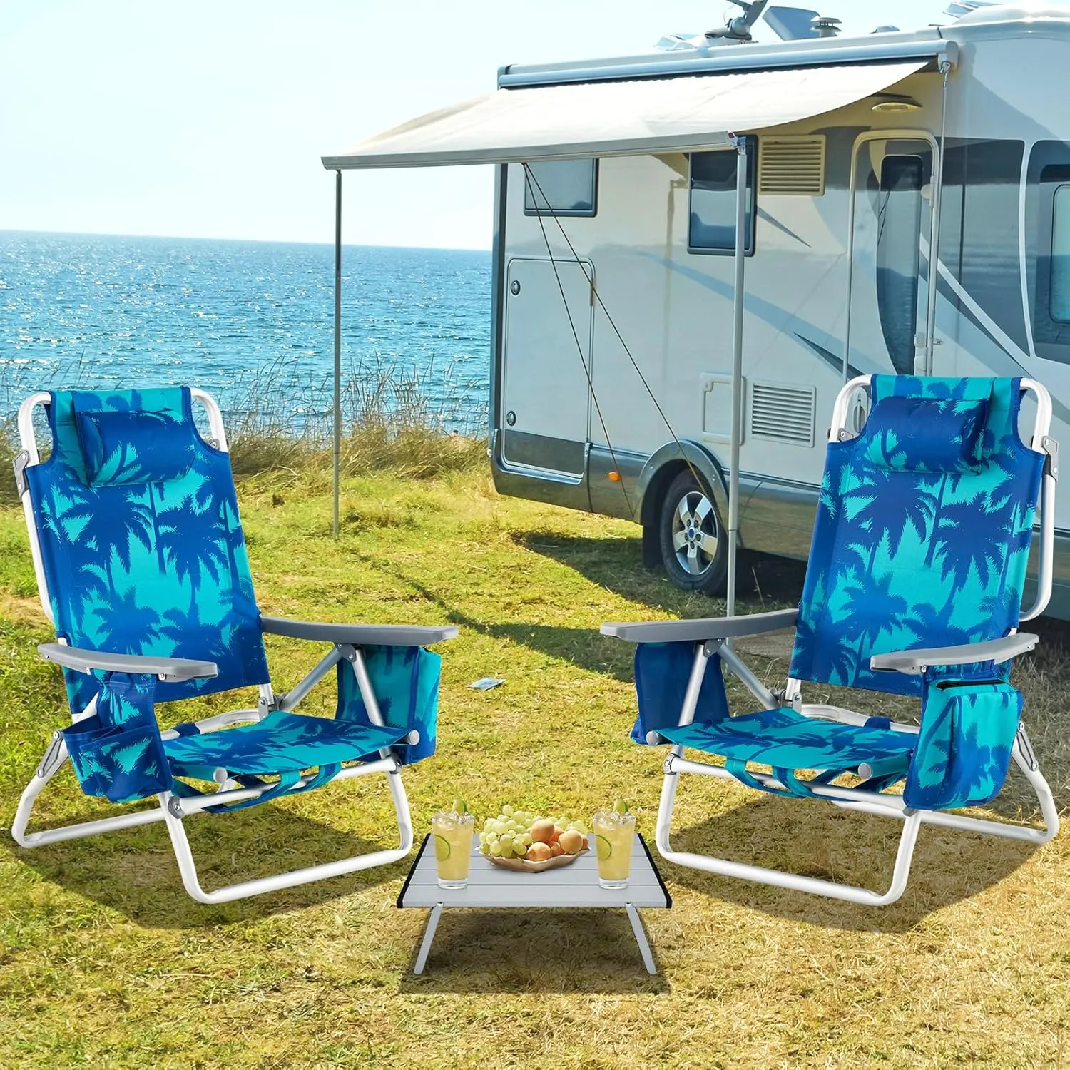 Backpack Beach Chair, 5 Position Adjustable Camping Chairs with Aluminum Table, Head Pillow, Cooler Bag, Cup Holders, Folding Beach Chairs for Adults (with Table, Coconut Tree)