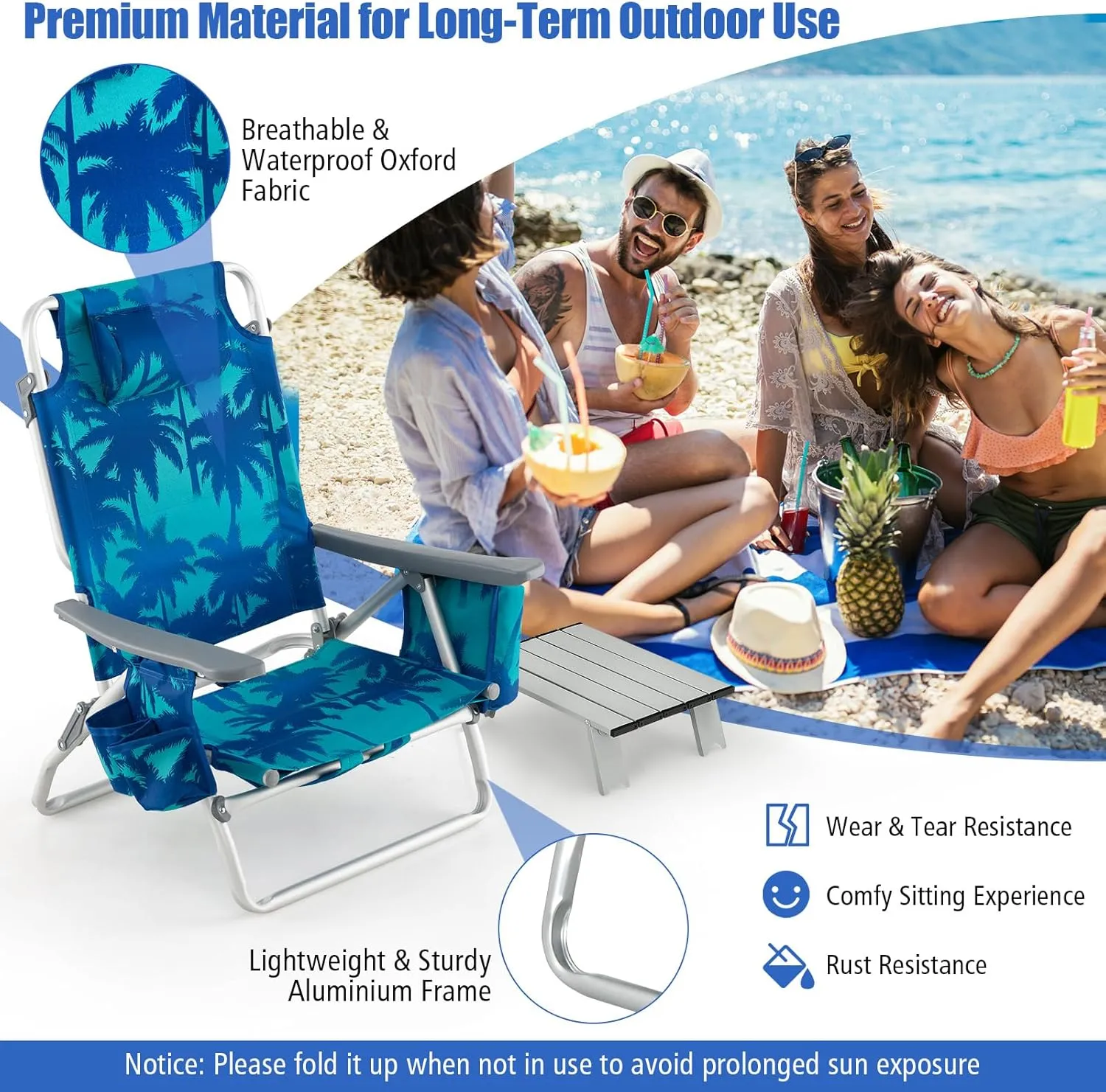 Backpack Beach Chair, 5 Position Adjustable Camping Chairs with Aluminum Table, Head Pillow, Cooler Bag, Cup Holders, Folding Beach Chairs for Adults (with Table, Coconut Tree)