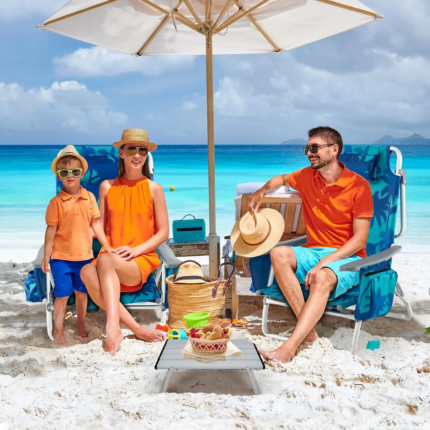 Backpack Beach Chair, 5 Position Adjustable Camping Chairs with Aluminum Table, Head Pillow, Cooler Bag, Cup Holders, Folding Beach Chairs for Adults (with Table, Coconut Tree)