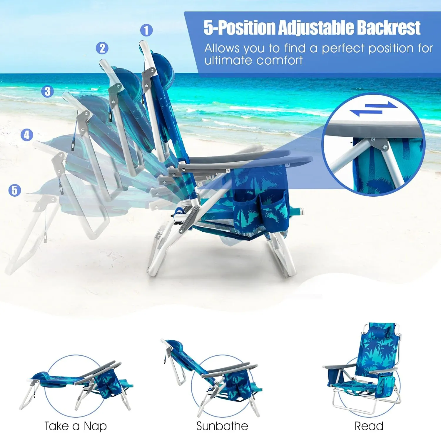 Backpack Beach Chair, 5 Position Adjustable Camping Chairs with Aluminum Table, Head Pillow, Cooler Bag, Cup Holders, Folding Beach Chairs for Adults (with Table, Coconut Tree)
