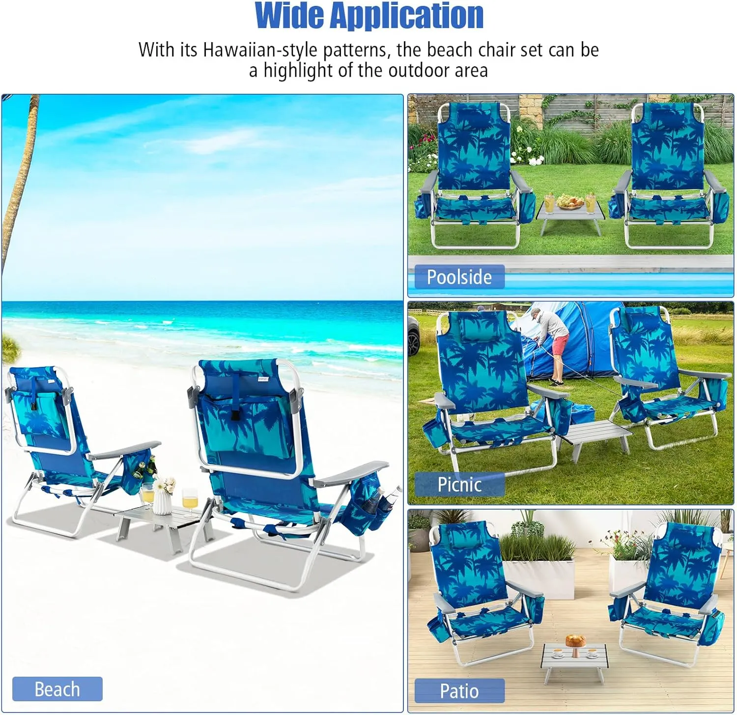 Backpack Beach Chair, 5 Position Adjustable Camping Chairs with Aluminum Table, Head Pillow, Cooler Bag, Cup Holders, Folding Beach Chairs for Adults (with Table, Coconut Tree)