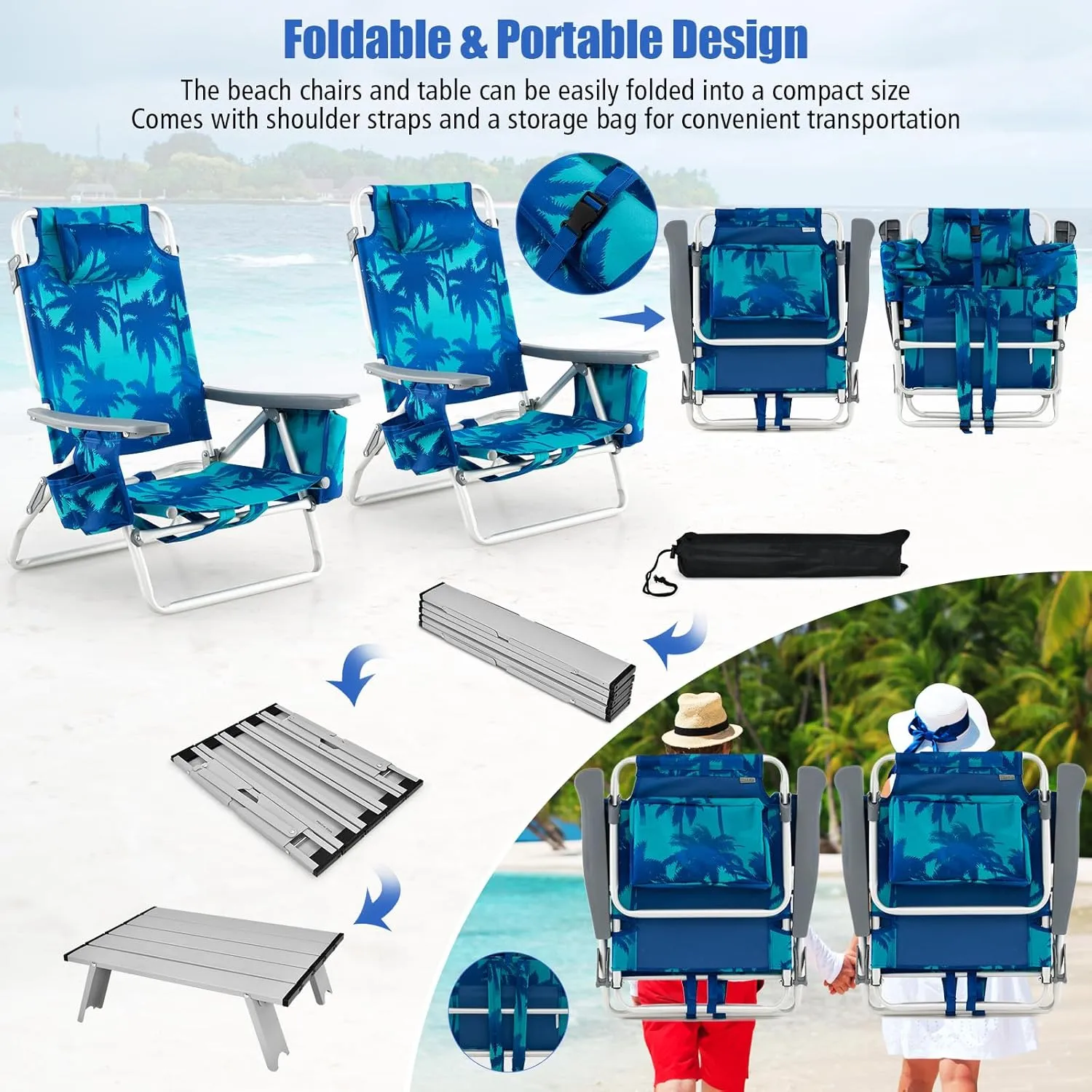 Backpack Beach Chair, 5 Position Adjustable Camping Chairs with Aluminum Table, Head Pillow, Cooler Bag, Cup Holders, Folding Beach Chairs for Adults (with Table, Coconut Tree)