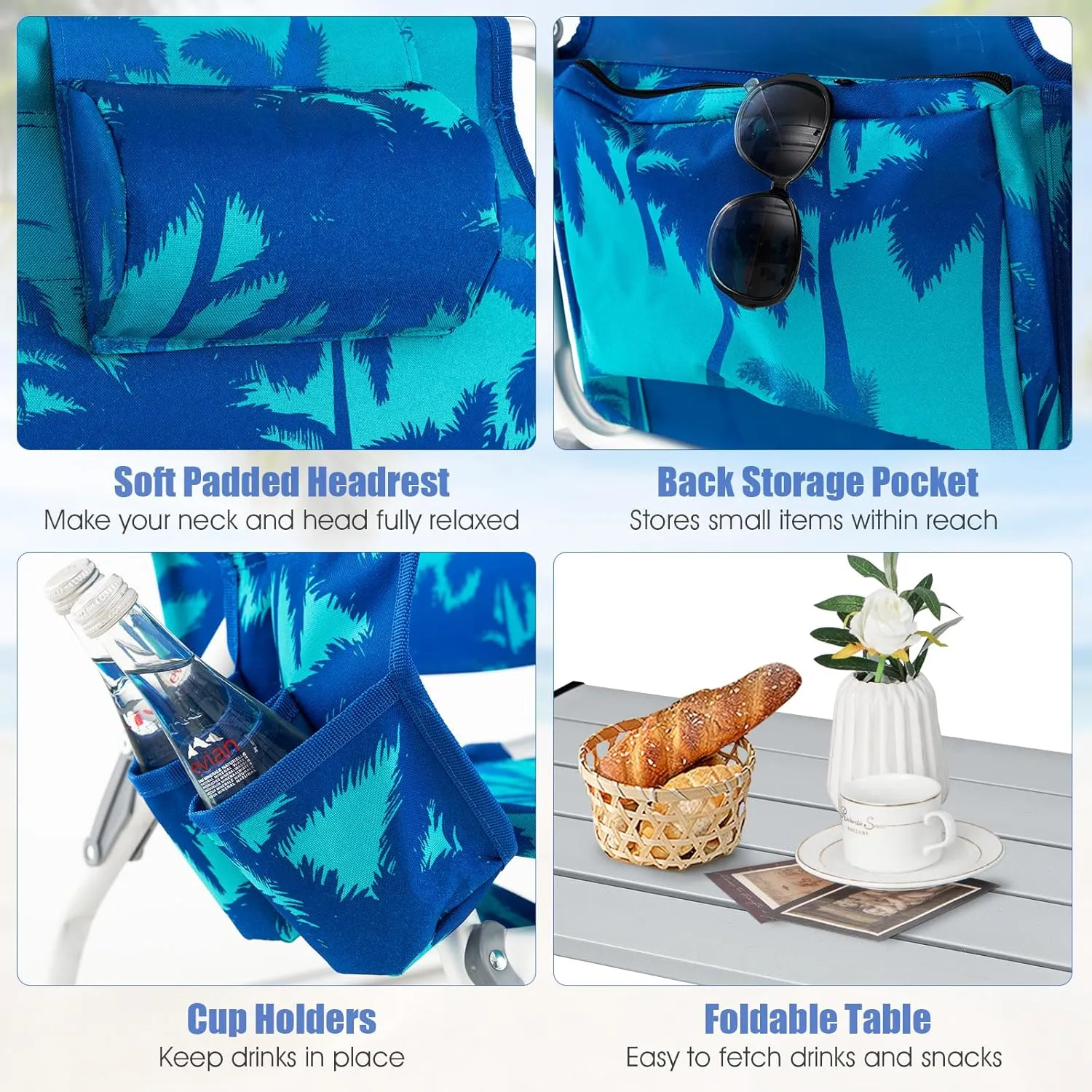 Backpack Beach Chair, 5 Position Adjustable Camping Chairs with Aluminum Table, Head Pillow, Cooler Bag, Cup Holders, Folding Beach Chairs for Adults (with Table, Coconut Tree)