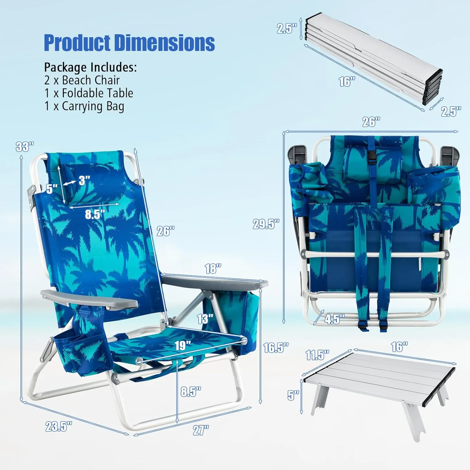 Backpack Beach Chair, 5 Position Adjustable Camping Chairs with Aluminum Table, Head Pillow, Cooler Bag, Cup Holders, Folding Beach Chairs for Adults (with Table, Coconut Tree)