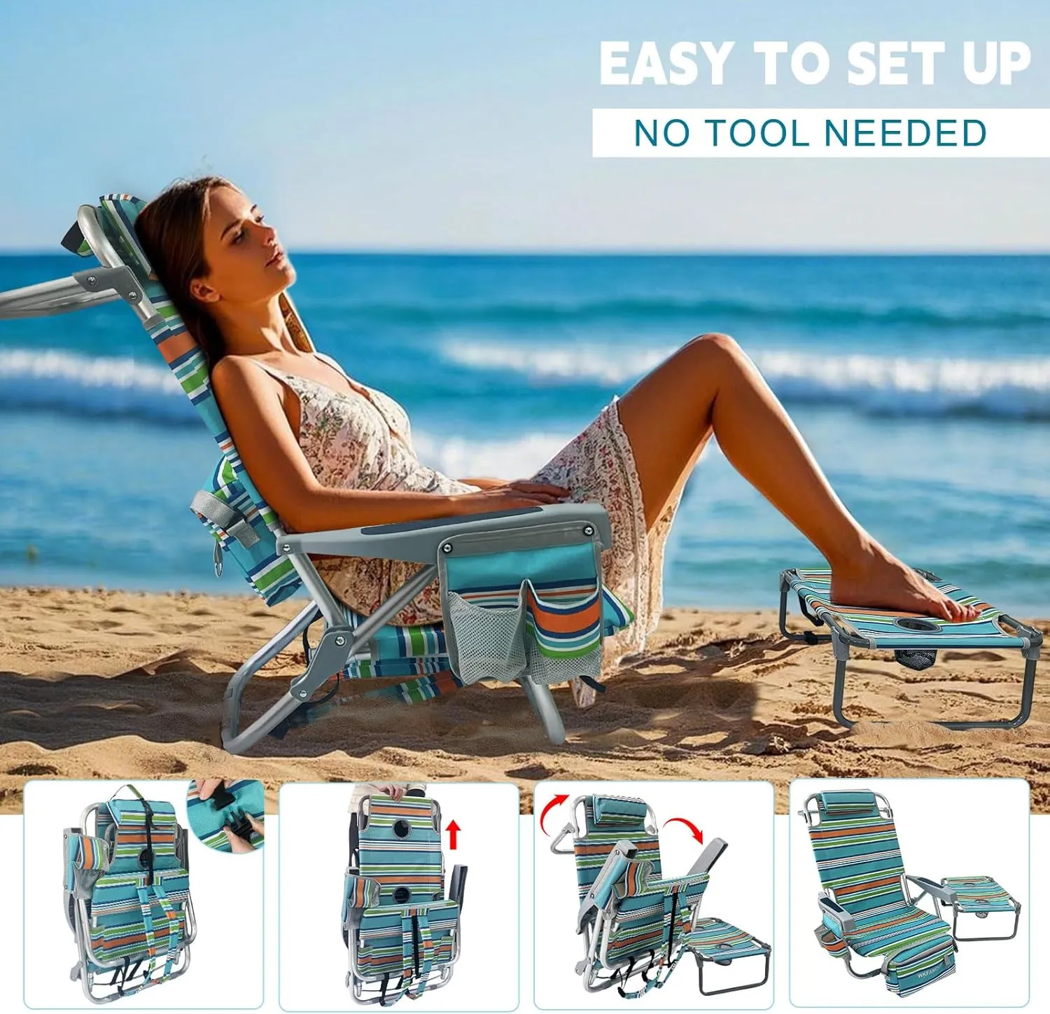 Backpack Beach Chair Aluminum 2 Pack with Folding Camping Table 5-Position Lay Flat Lounge Chair Outdoor for Adults with Insulated Cooler Bag and Cup Holder