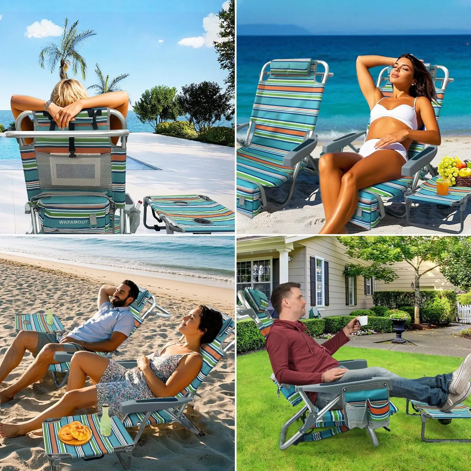 Backpack Beach Chair Aluminum 2 Pack with Folding Camping Table 5-Position Lay Flat Lounge Chair Outdoor for Adults with Insulated Cooler Bag and Cup Holder