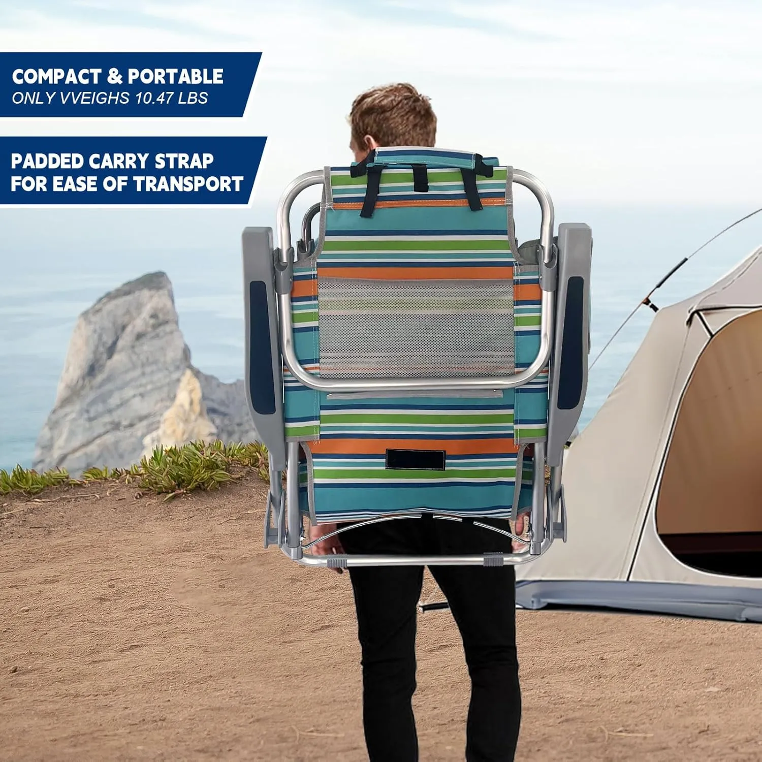 Backpack Beach Chair Aluminum 2 Pack with Folding Camping Table 5-Position Lay Flat Lounge Chair Outdoor for Adults with Insulated Cooler Bag and Cup Holder