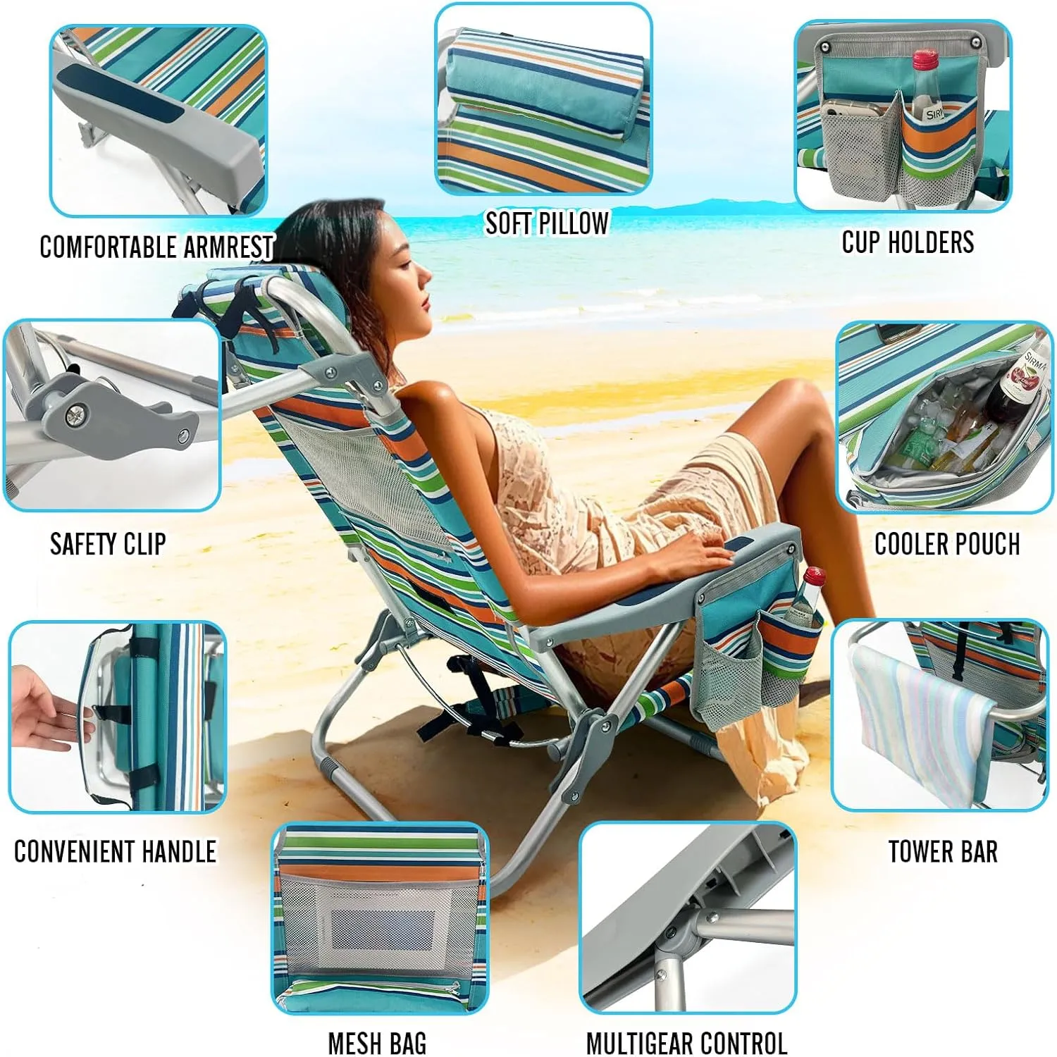 Backpack Beach Chair Aluminum 2 Pack with Folding Camping Table 5-Position Lay Flat Lounge Chair Outdoor for Adults with Insulated Cooler Bag and Cup Holder