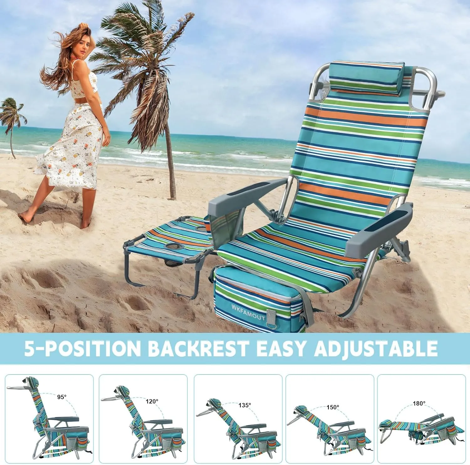 Backpack Beach Chair Aluminum 2 Pack with Folding Camping Table 5-Position Lay Flat Lounge Chair Outdoor for Adults with Insulated Cooler Bag and Cup Holder