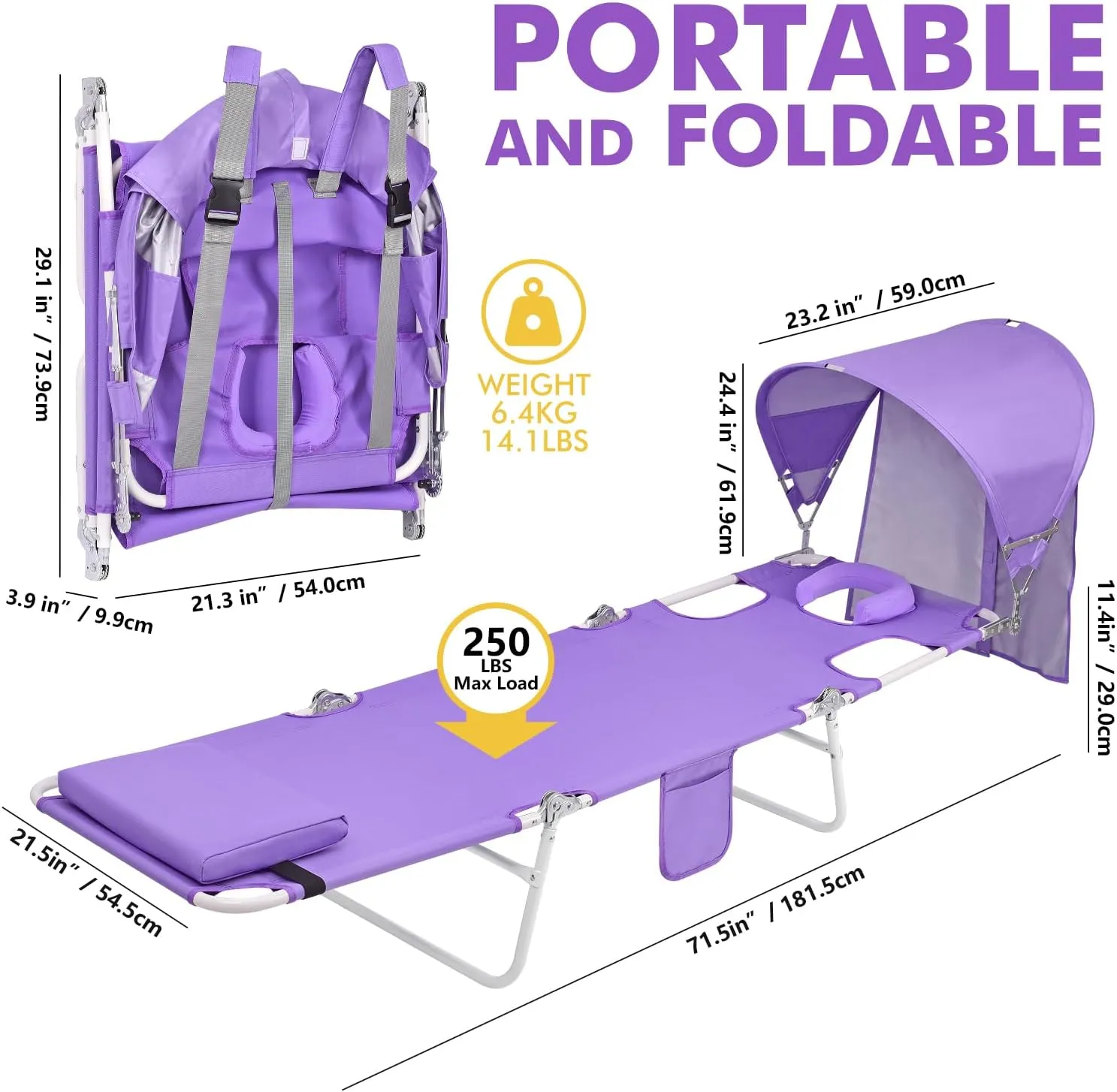 Backpack Beach Tanning Chair with Canopy Sun Shade & Face Hole, 6 Position Folding Lounge Sun Chair for Adults Outside Reading Sunbathing Poolside Camping Lawn, UPF 50 , Patent Design