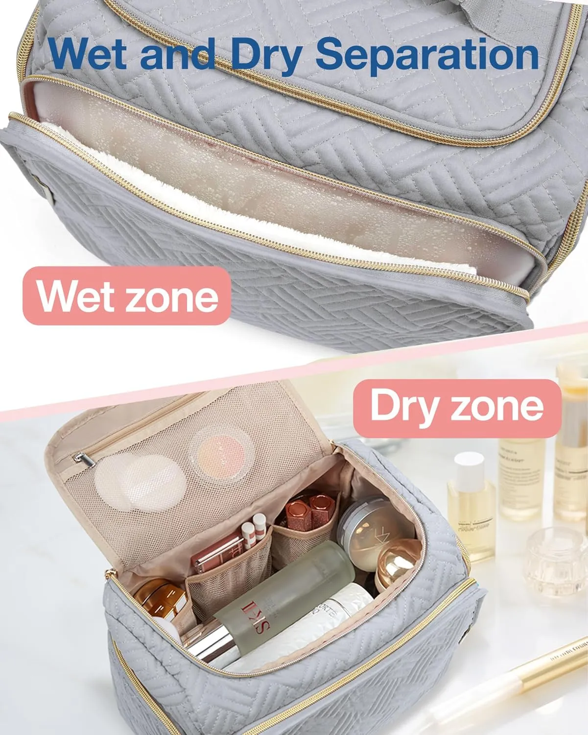 BAGSMART Travel Toiletry Bag, Large Wide-open Travel Bag for Toiletries, Makeup Cosmetic Travel Bag with Handle