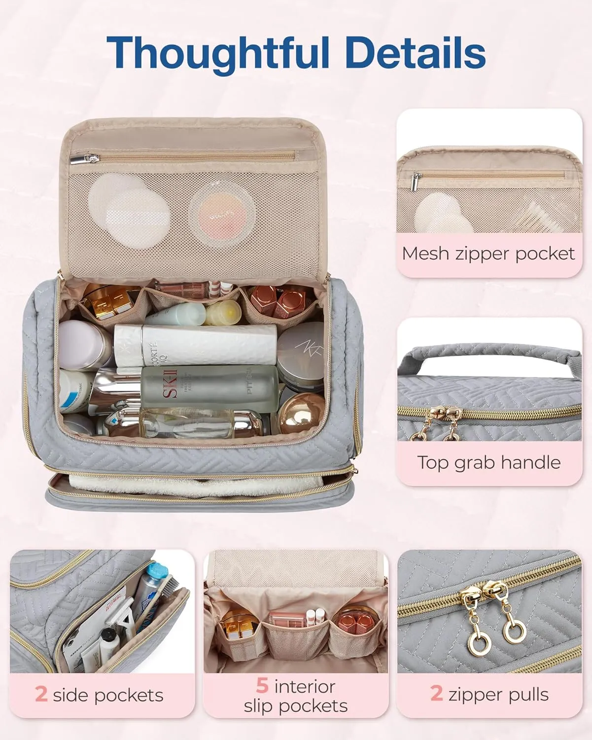 BAGSMART Travel Toiletry Bag, Large Wide-open Travel Bag for Toiletries, Makeup Cosmetic Travel Bag with Handle
