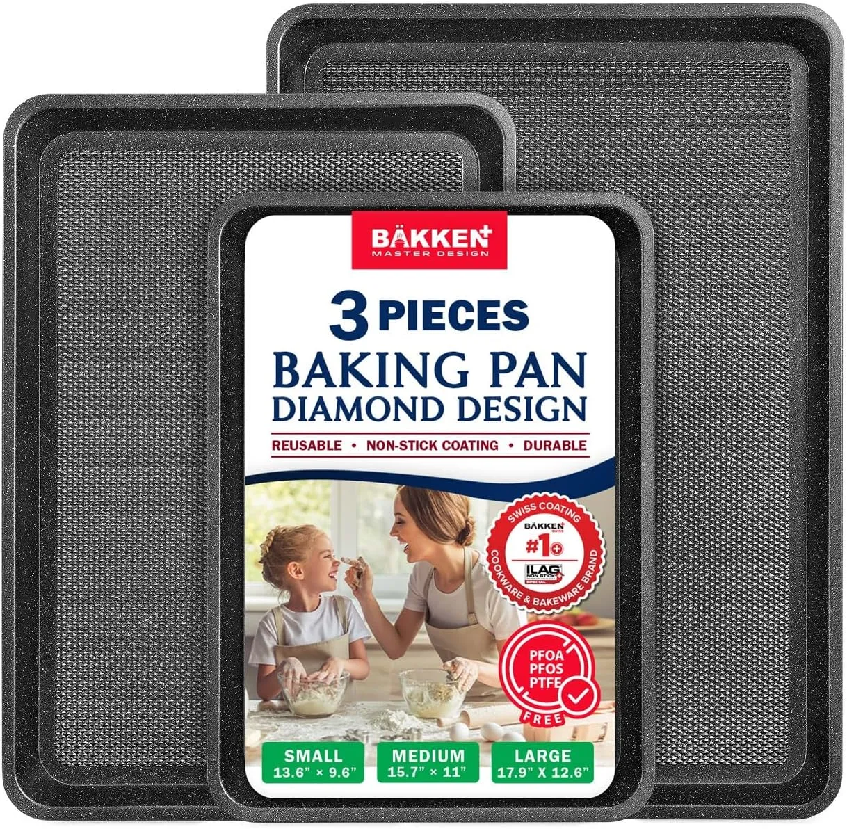 BAKKEN Kitchen Baking Pans - Small, Medium, and Large Cookie Pan (13.58×9.65, 15.75×11, 17.91×12.60), Nonstick, Diamond Texture Bottom, PFOA, PFOS, PTFE Free, Oven Safe (450°F), Pack of 3, Gray Marble