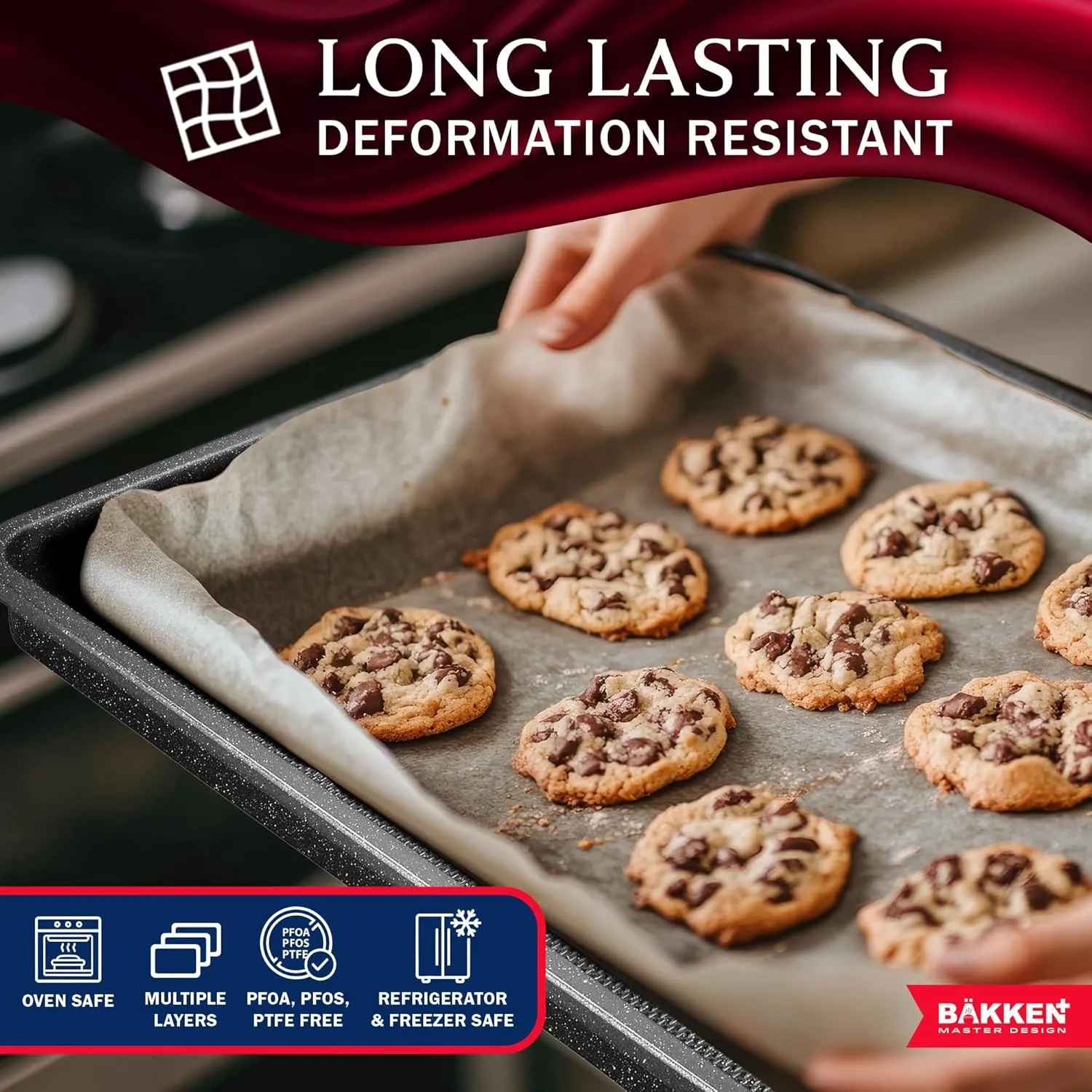BAKKEN Kitchen Baking Pans - Small, Medium, and Large Cookie Pan (13.58×9.65, 15.75×11, 17.91×12.60), Nonstick, Diamond Texture Bottom, PFOA, PFOS, PTFE Free, Oven Safe (450°F), Pack of 3, Gray Marble