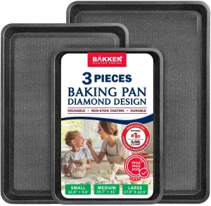 BAKKEN Kitchen Baking Pans - Small, Medium, and Large Cookie Pan (13.58×9.65, 15.75×11, 17.91×12.60), Nonstick, Diamond Texture Bottom, PFOA, PFOS, PTFE Free, Oven Safe (450°F), Pack of 3, Gray Marble