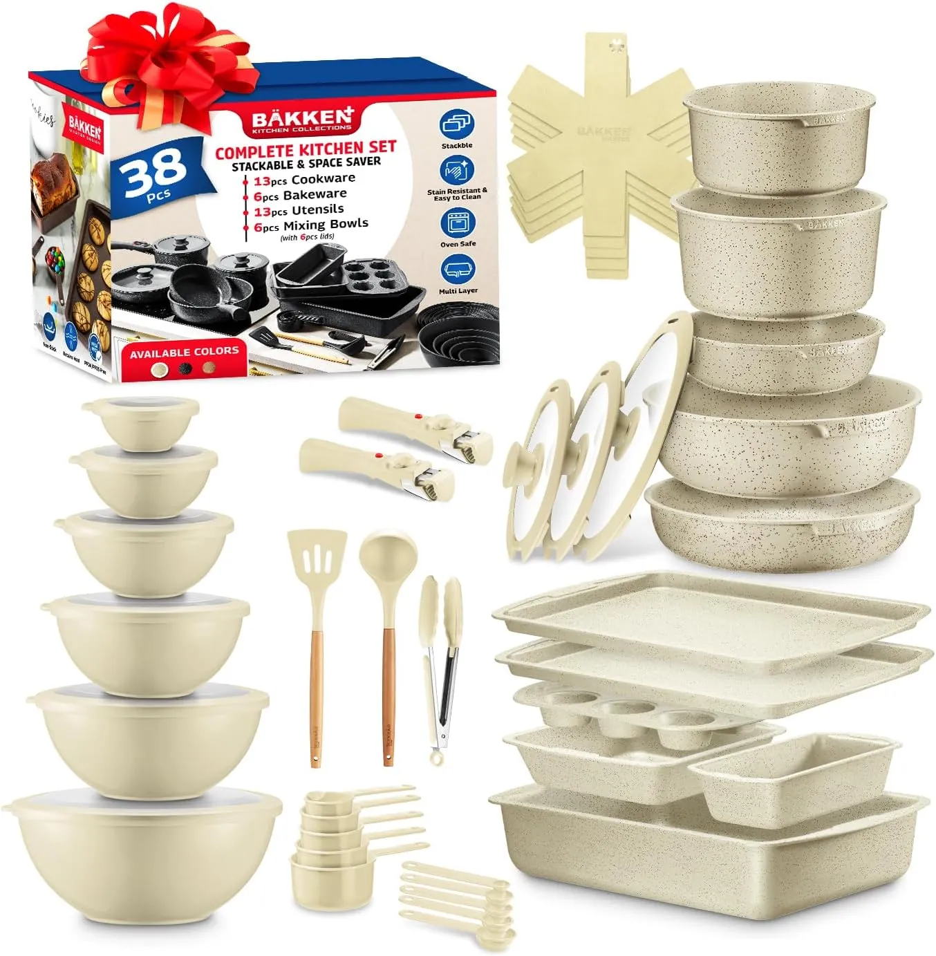 Bakken Master 38 Piece Granite Cookware and Bakeware Set – Nonstick Granite Coating, Pots and Pans with Detachable Handles and Tempered Glass Lids, 6-piece Bakeware set, 12-piece Mixing Bowls, White