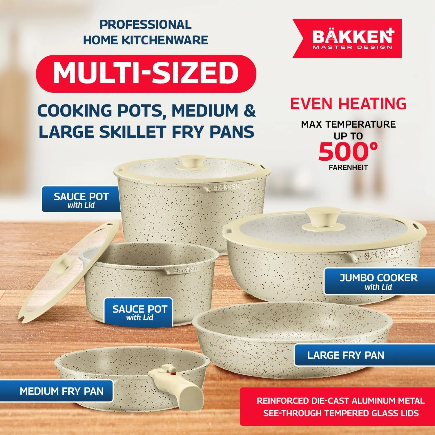 Bakken Master 38 Piece Granite Cookware and Bakeware Set – Nonstick Granite Coating, Pots and Pans with Detachable Handles and Tempered Glass Lids, 6-piece Bakeware set, 12-piece Mixing Bowls, White