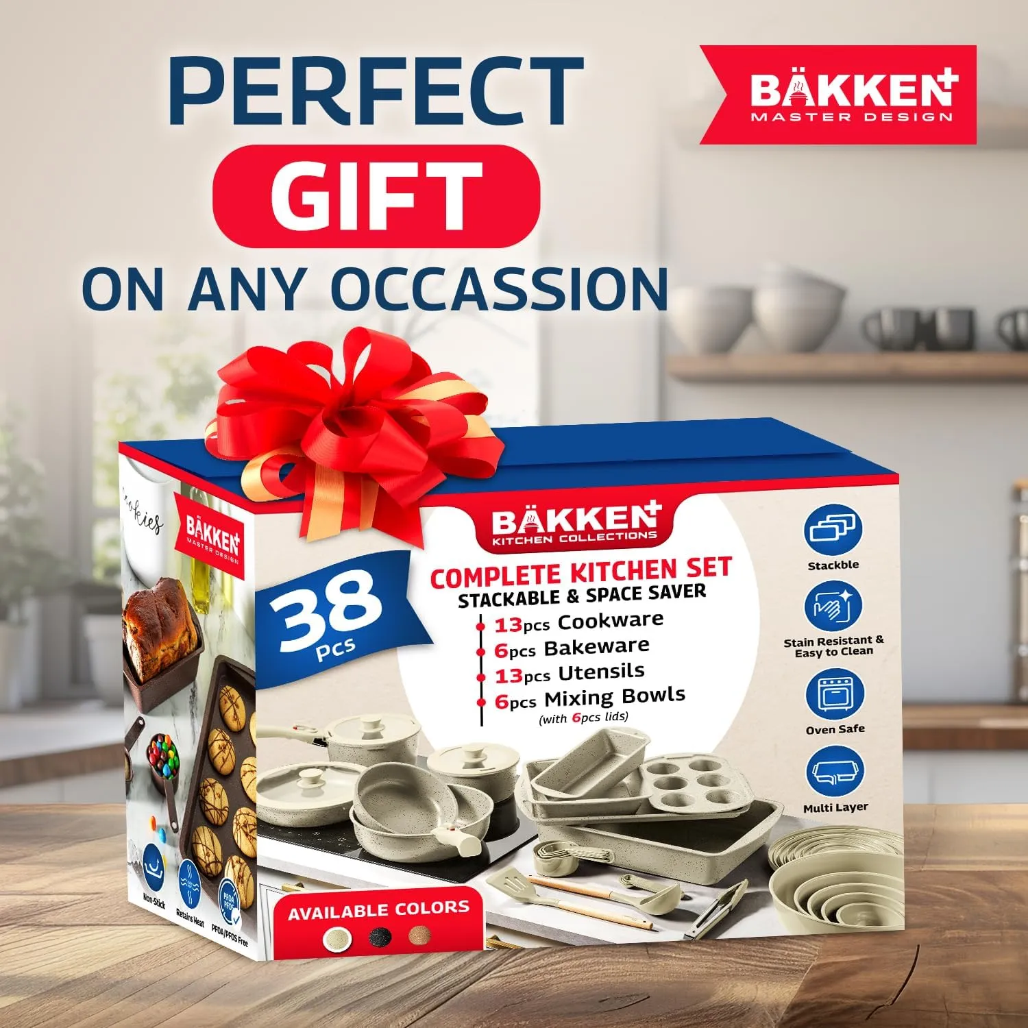 Bakken Master 38 Piece Granite Cookware and Bakeware Set – Nonstick Granite Coating, Pots and Pans with Detachable Handles and Tempered Glass Lids, 6-piece Bakeware set, 12-piece Mixing Bowls, White