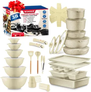Bakken Master 38 Piece Granite Cookware and Bakeware Set – Nonstick Granite Coating, Pots and Pans with Detachable Handles and Tempered Glass Lids, 6-piece Bakeware set, 12-piece Mixing Bowls, White