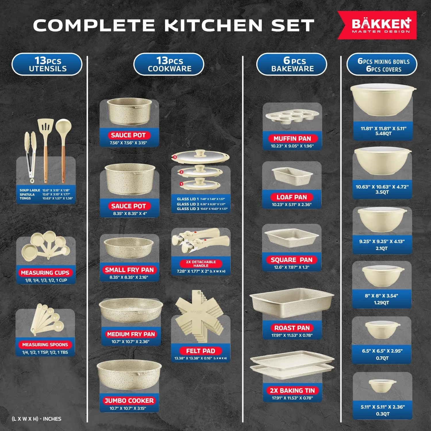 Bakken Master 38 Piece Granite Cookware and Bakeware Set – Nonstick Granite Coating, Pots and Pans with Detachable Handles and Tempered Glass Lids, 6-piece Bakeware set, 12-piece Mixing Bowls, White