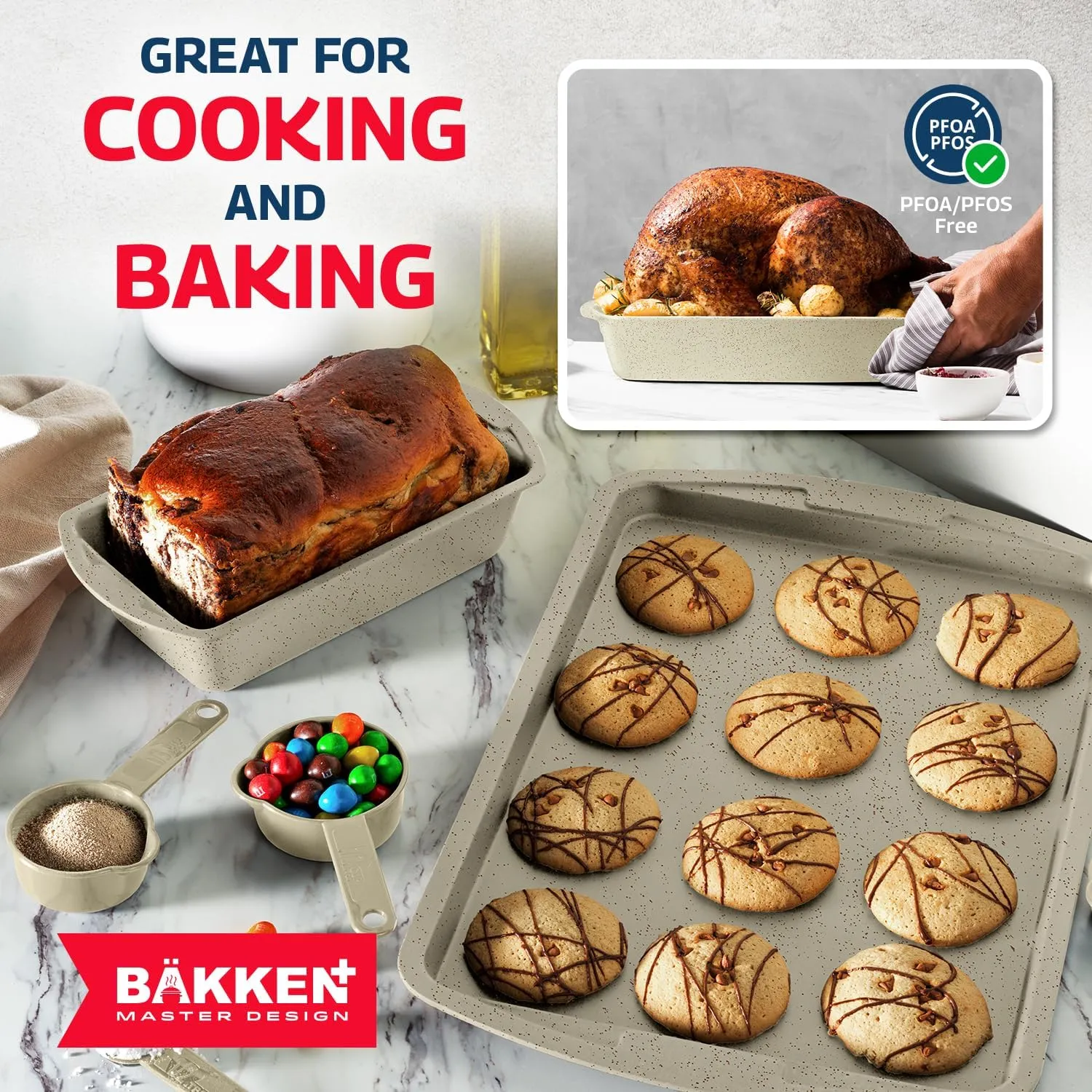 Bakken Master 38 Piece Granite Cookware and Bakeware Set – Nonstick Granite Coating, Pots and Pans with Detachable Handles and Tempered Glass Lids, 6-piece Bakeware set, 12-piece Mixing Bowls, White