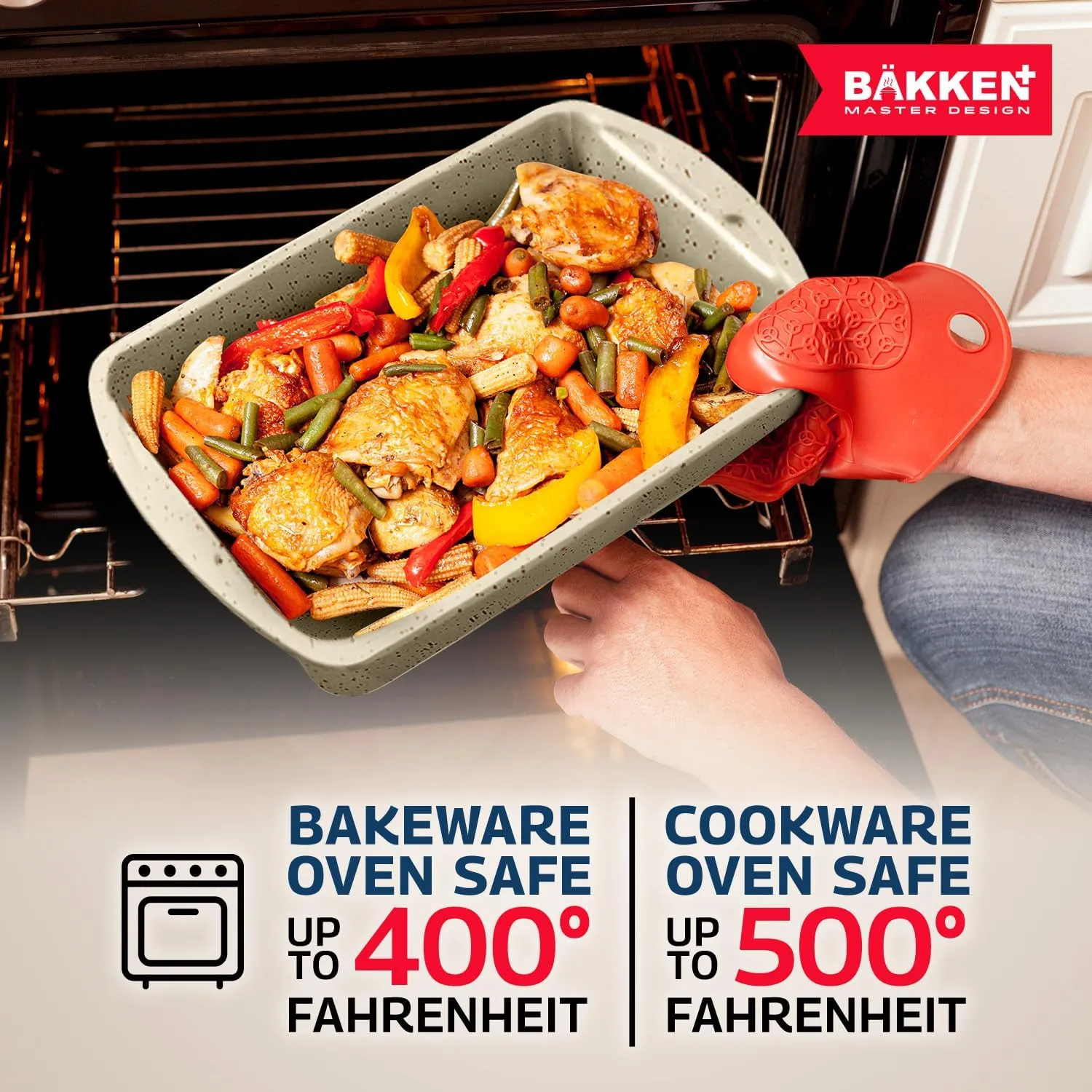 Bakken Master 38 Piece Granite Cookware and Bakeware Set – Nonstick Granite Coating, Pots and Pans with Detachable Handles and Tempered Glass Lids, 6-piece Bakeware set, 12-piece Mixing Bowls, White