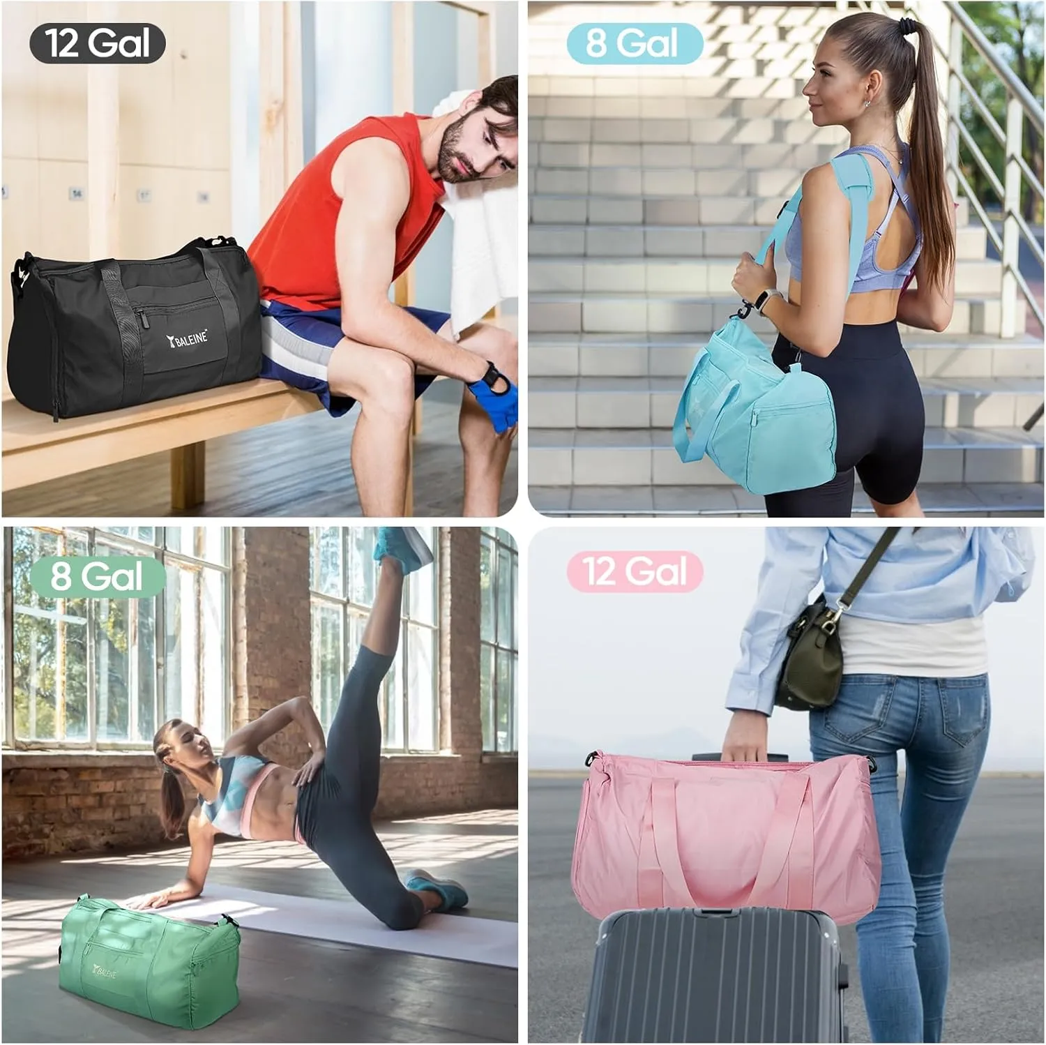 BALEINE Gym Bag for Women and Men, Duffel Bag for Sports, Gyms and Weekend Getaway, Waterproof Dufflebag with Shoe and Wet Clothes Compartments, Lightweight Carryon Gymbag (Black)