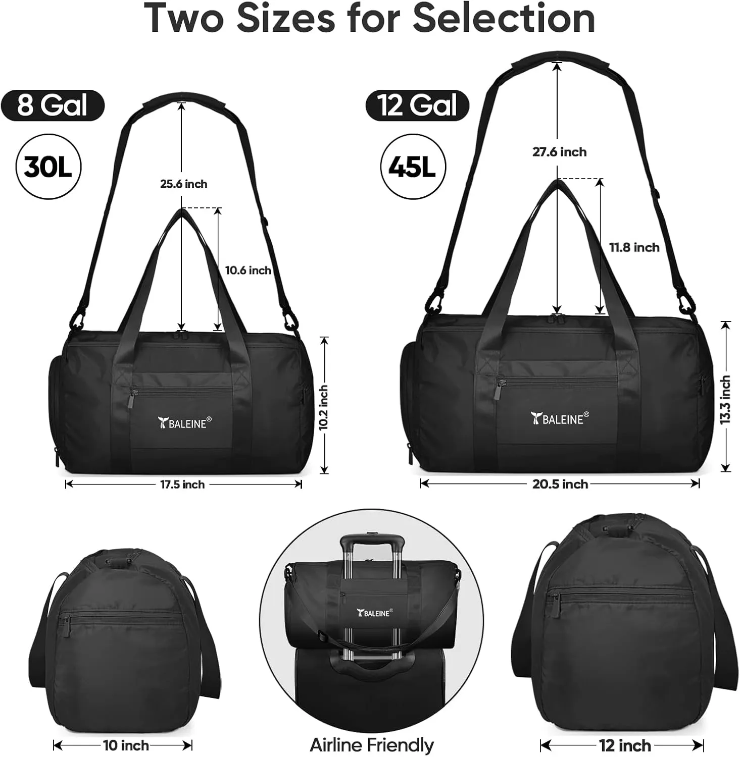 BALEINE Gym Bag for Women and Men, Duffel Bag for Sports, Gyms and Weekend Getaway, Waterproof Dufflebag with Shoe and Wet Clothes Compartments, Lightweight Carryon Gymbag (Black)