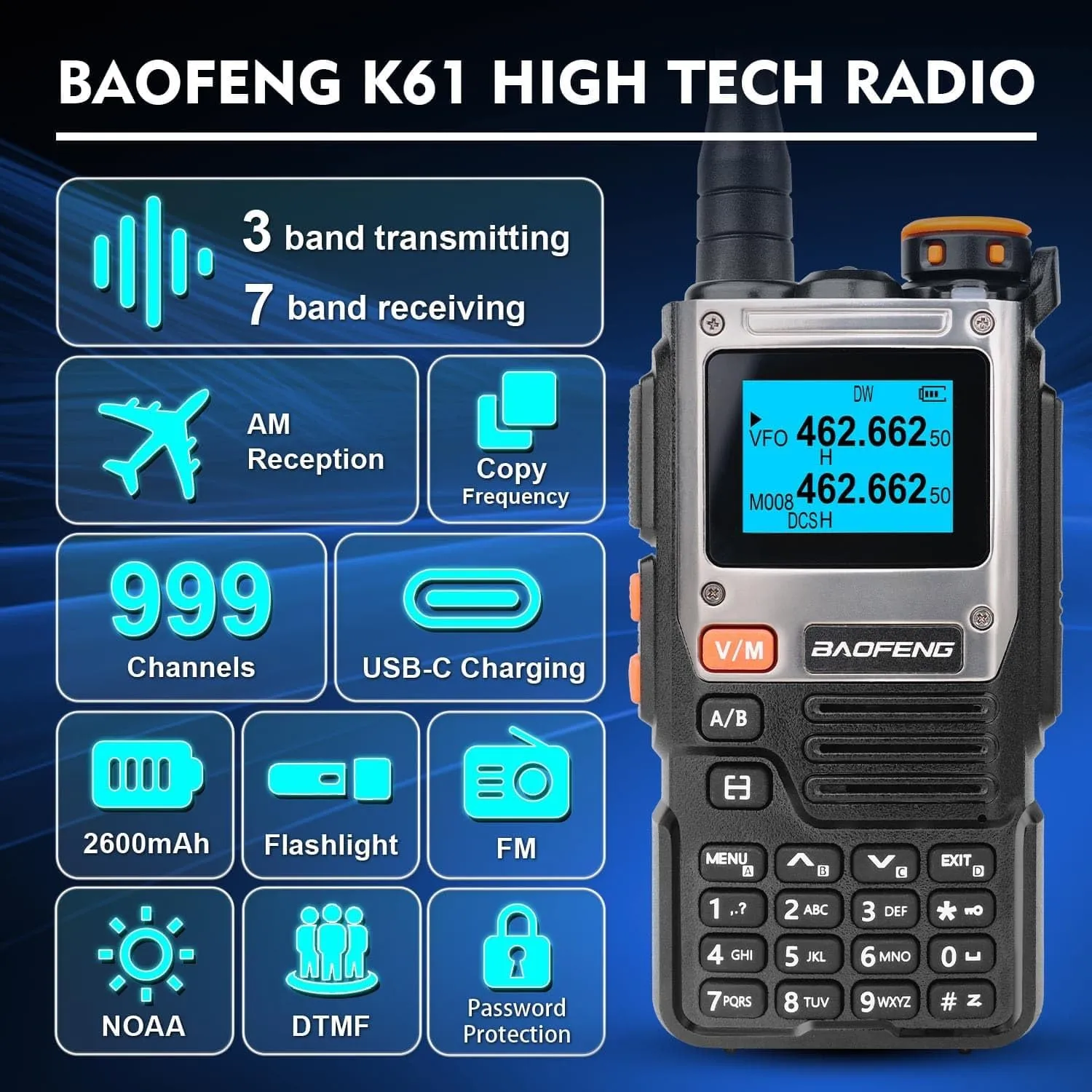 BAOFENG K61 Multi-Band Ham Radio Handheld (Upgrade of UV-5R), Long Range Two Way Radio, UHF/VHF/1.25M/NOAA/FM/AM Multi Band Receiver, with 2600mAh Battery USB-C Charging, 999CH