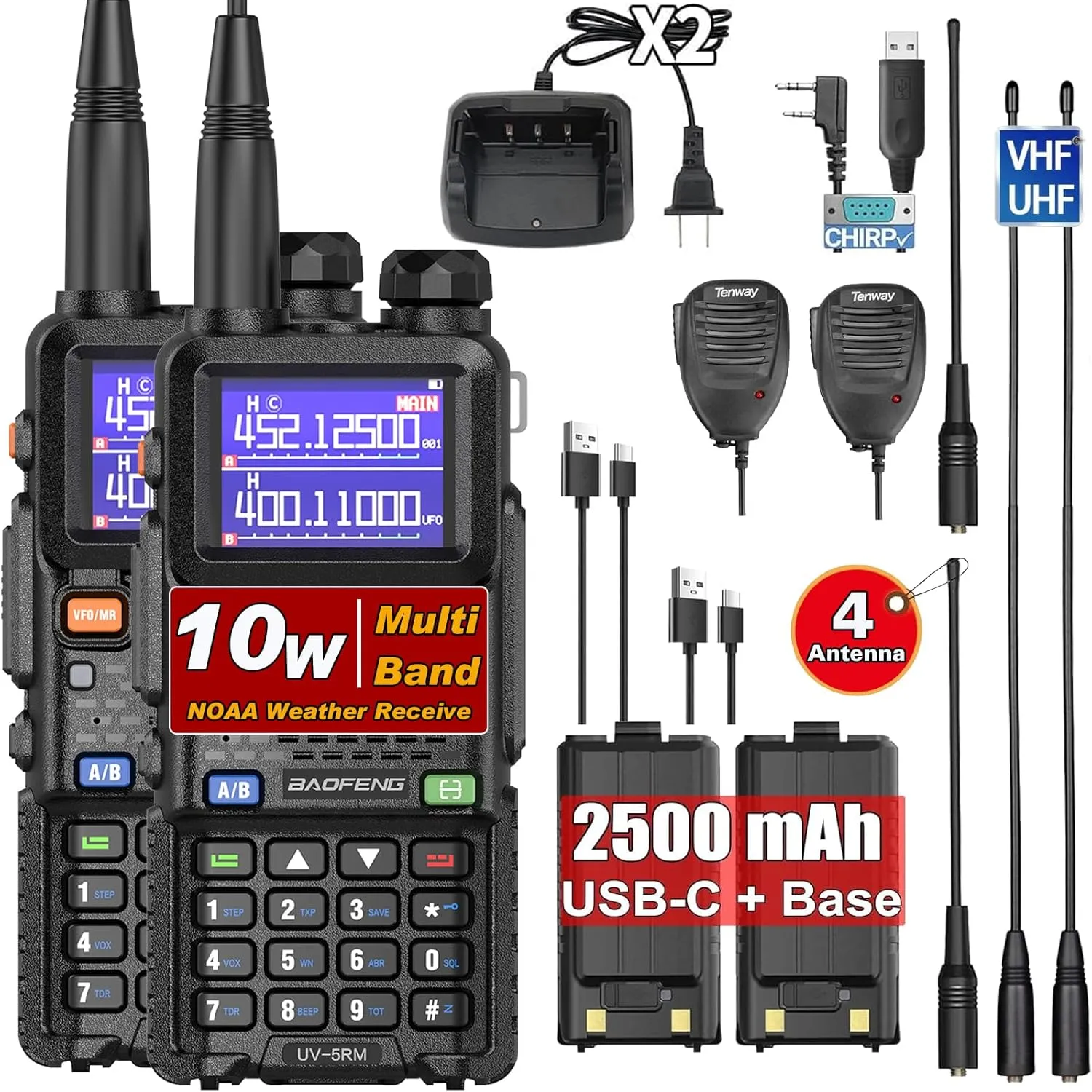 BAOFENG UV-5RM 10W Long Range Ham Radio Walkie Talkie with NOAA Weather Receiver 2500mAh Rechargeable Battery one-Key Frequency Copy Earphone Type-C Charging and Programming Cable (Gain Antenna)