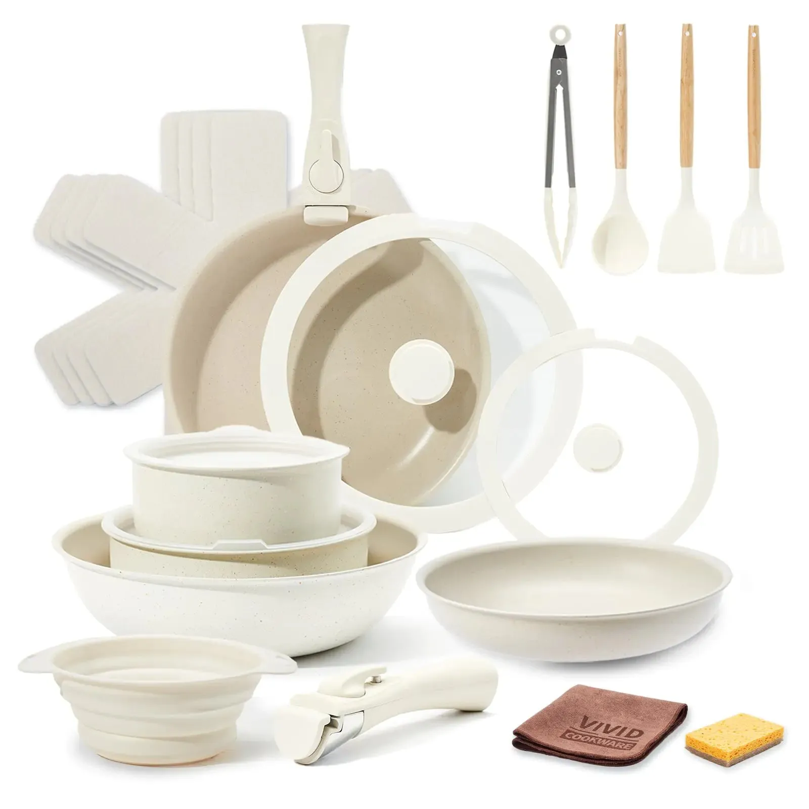 Basin Safe Pans with Stick Pot Set and Cooking Efficient shipping Dish with Non Oven Set Ceramic Cookware Handle Sets Minimalist Collapsible Detachable 22pcs VIVIDCOOKWARE Nonstick for Pots