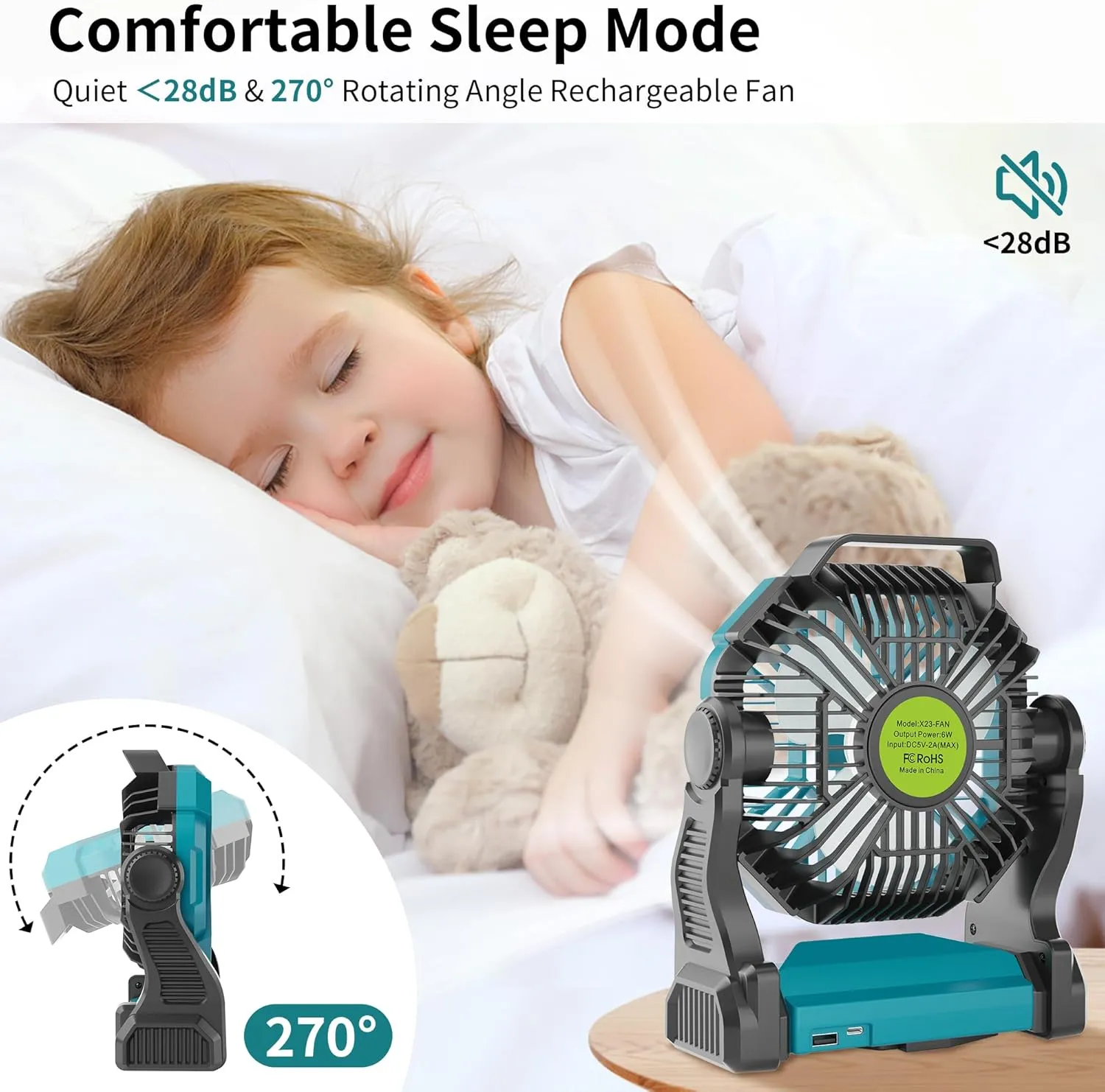 Battery Powered Fan，270° Rotating Battery Operated Camping Fan Rechargeable, USB Desk Personal Table Cordless with Hook, Outdoor Camping for Tents,Travel X23 Cyan