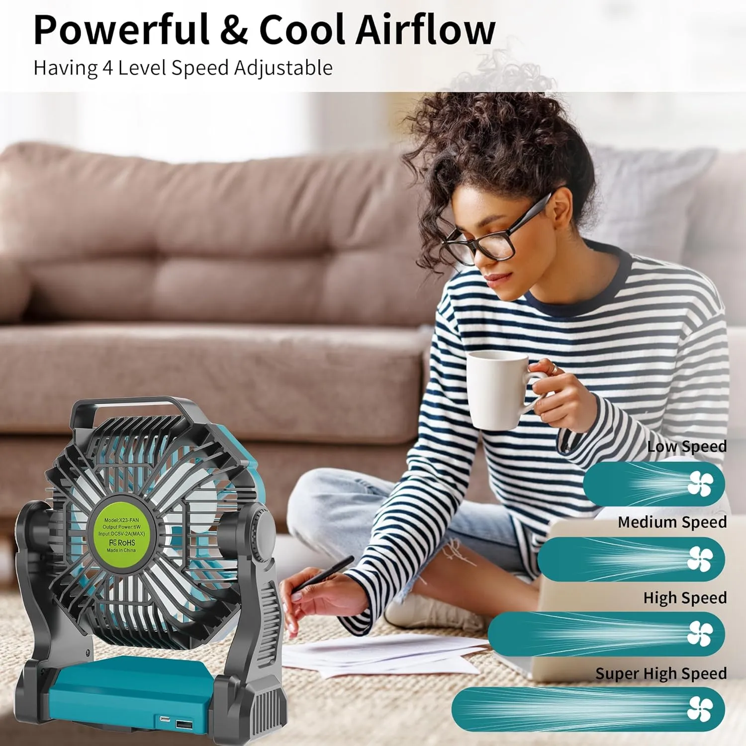Battery Powered Fan，270° Rotating Battery Operated Camping Fan Rechargeable, USB Desk Personal Table Cordless with Hook, Outdoor Camping for Tents,Travel X23 Cyan