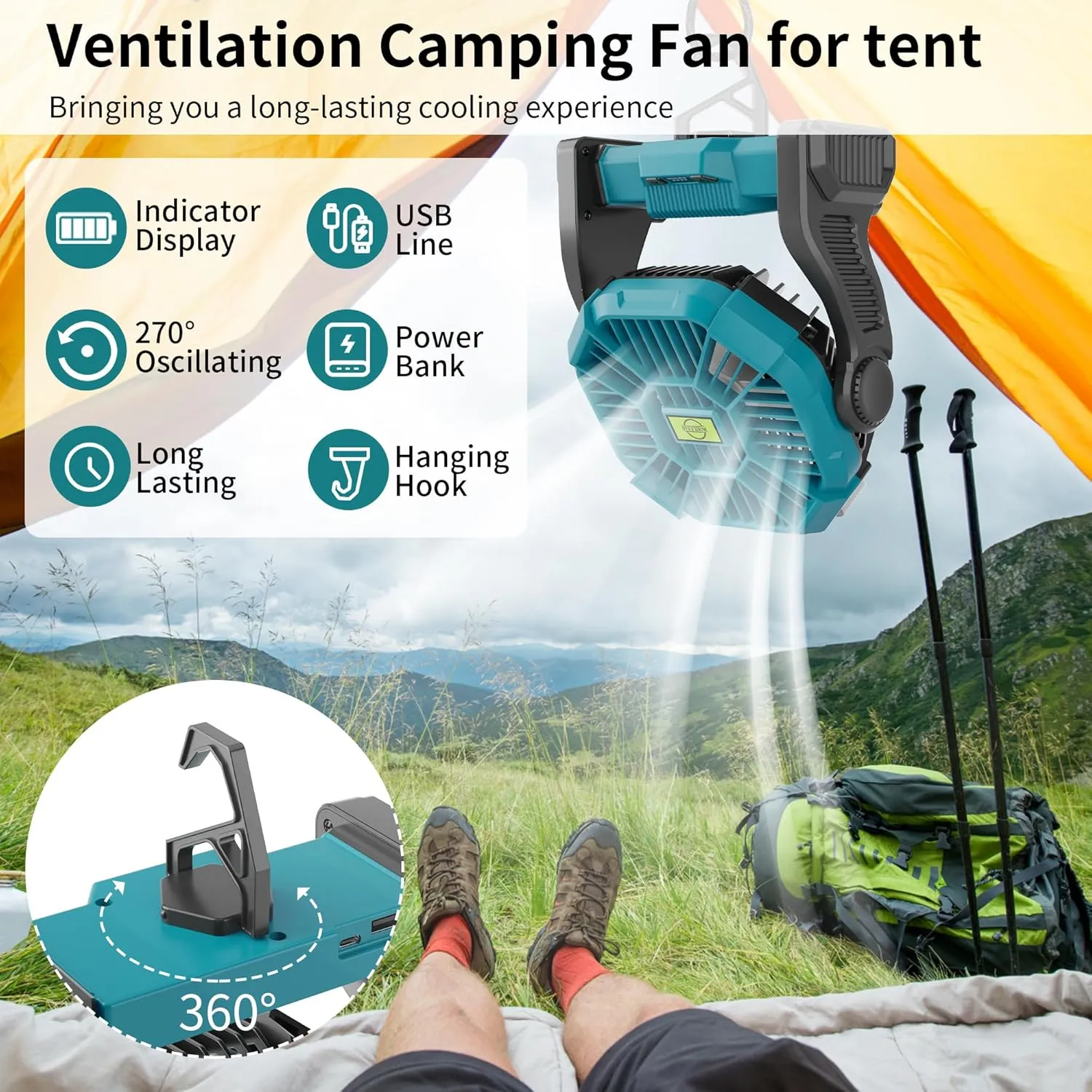 Battery Powered Fan，270° Rotating Battery Operated Camping Fan Rechargeable, USB Desk Personal Table Cordless with Hook, Outdoor Camping for Tents,Travel X23 Cyan