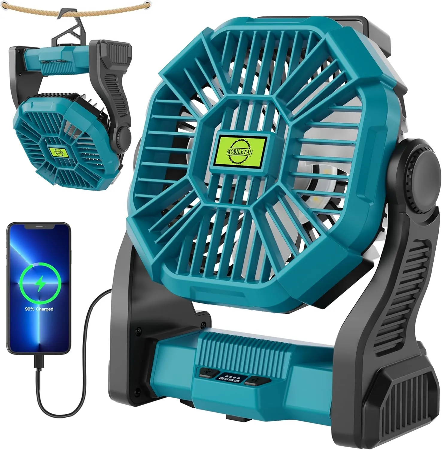 Battery Powered Fan，270° Rotating Battery Operated Camping Fan Rechargeable, USB Desk Personal Table Cordless with Hook, Outdoor Camping for Tents,Travel X23 Cyan