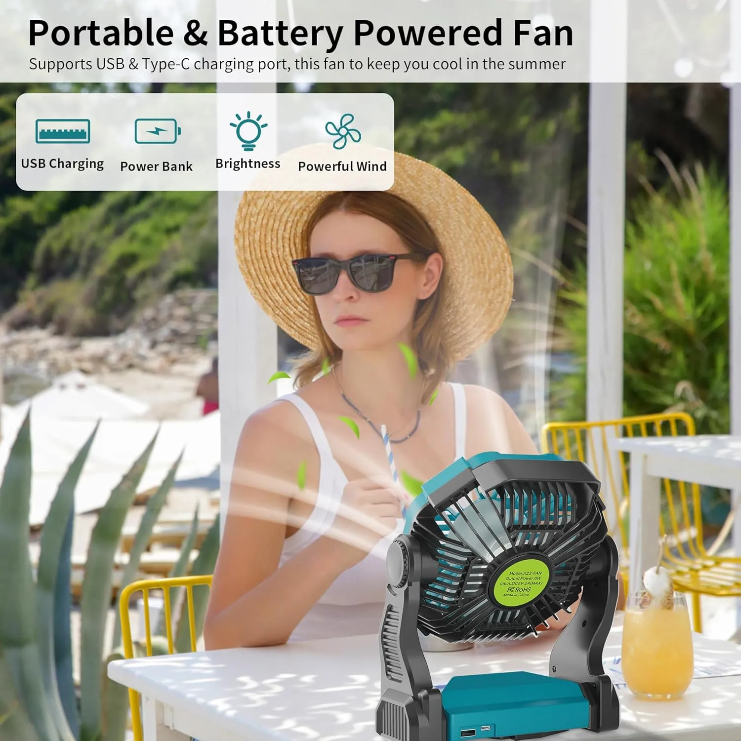 Battery Powered Fan，270° Rotating Battery Operated Camping Fan Rechargeable, USB Desk Personal Table Cordless with Hook, Outdoor Camping for Tents,Travel X23 Cyan