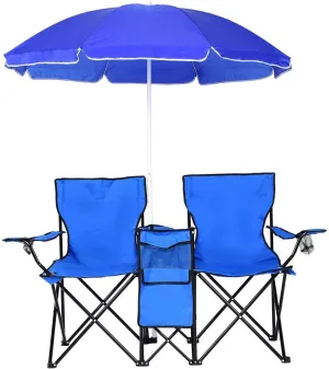 Beach Chair with Canopy, Folding Camping Chairs with Umbrella and Table Cooler, Portable Double-Chair for Beach, Camping, Picnic/Patio/Pool/Park/Outdoor, Blue