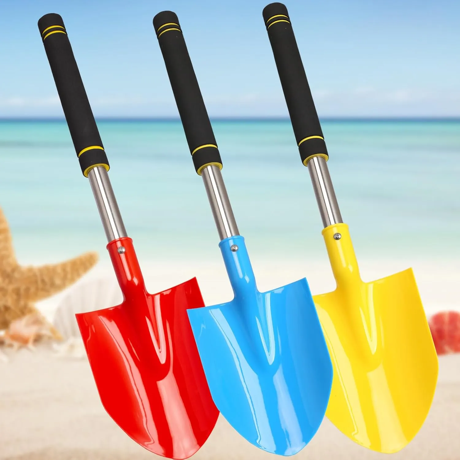 Beach Shovels Long Handle for Kids,3PC 24Inch Beach Sand Shovels Toys for Digging Heavy Duty Stainless Steels with Black Soft Spone Sturdy Scoop Seaside Kids Tool Lightweight Gift Set