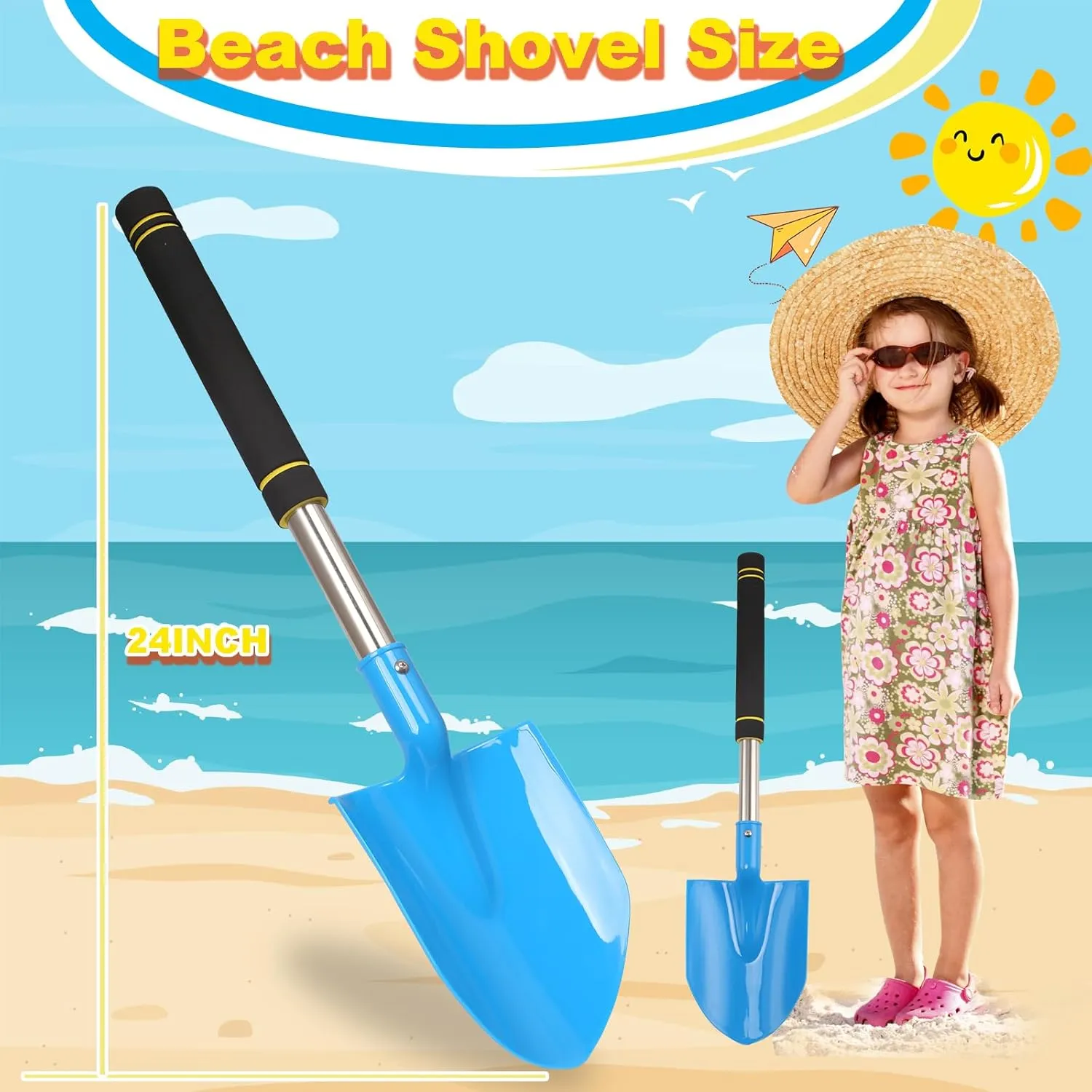 Beach Shovels Long Handle for Kids,3PC 24Inch Beach Sand Shovels Toys for Digging Heavy Duty Stainless Steels with Black Soft Spone Sturdy Scoop Seaside Kids Tool Lightweight Gift Set
