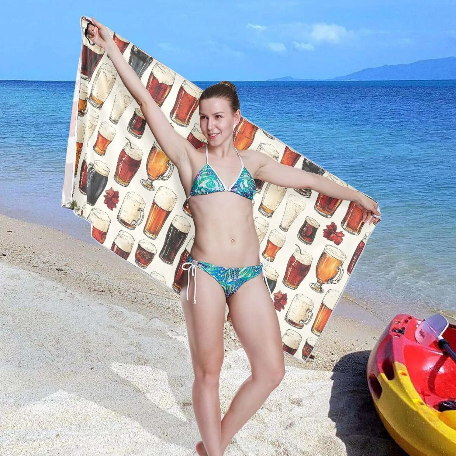 Beach Towel Beer Pattern Print Oversized Sand Free Quick Dry Lightweight with Storage Bag for Women Men 31X71 Inch