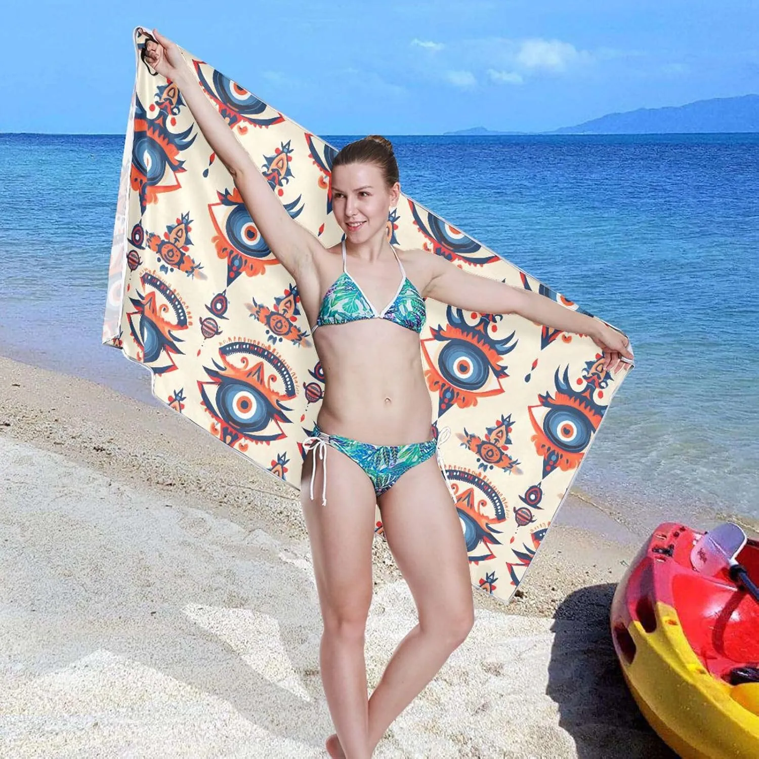 Beach Towel Ethnic Style Eyes Print Oversized Sand Free Quick Dry Lightweight with Storage Bag for Women Men 31X71 in