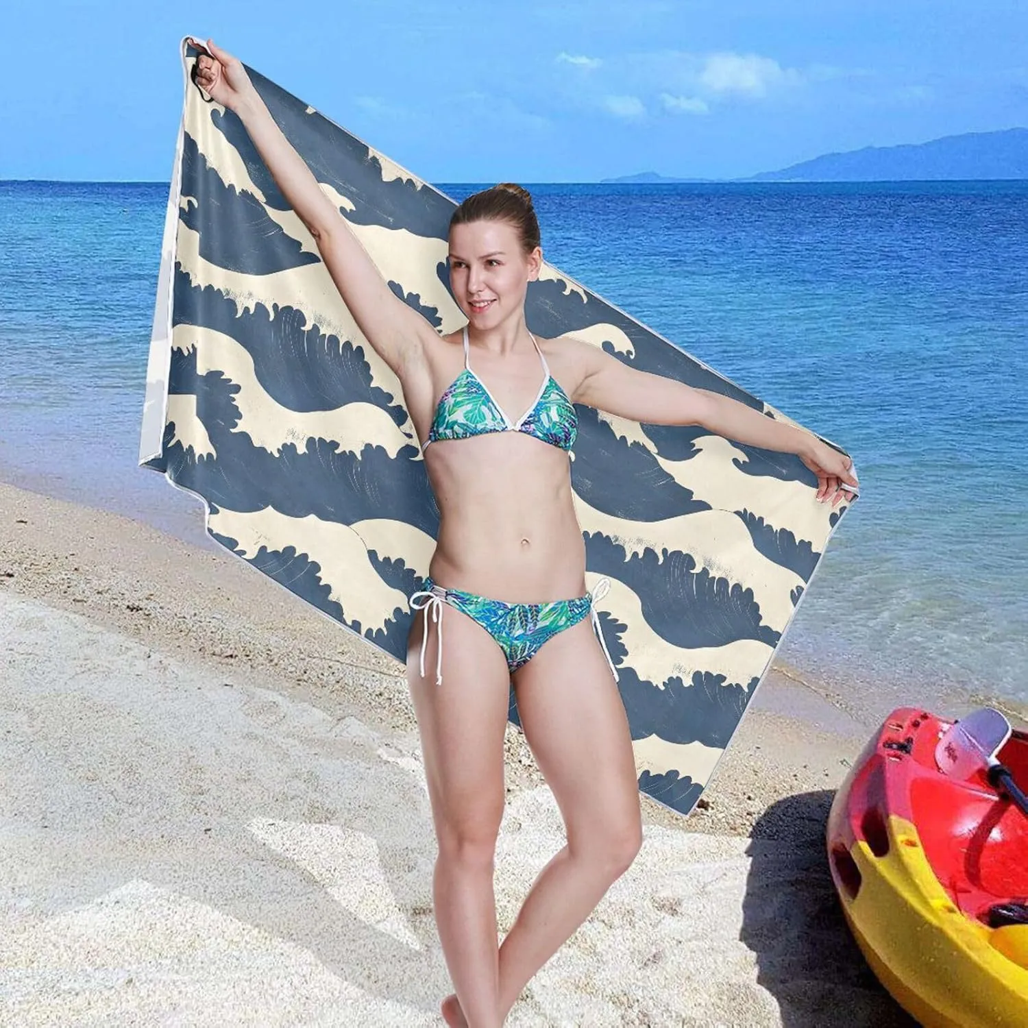Beach Towel Sea Wave Print Oversized Sand Free Quick Dry Lightweight with Storage Bag for Women Men 31X71 Inch