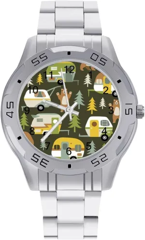 Bears Camping Cars Classic Wrist Watches for Men Casual Business Dress Watch with Stainless Steel Band Work Party