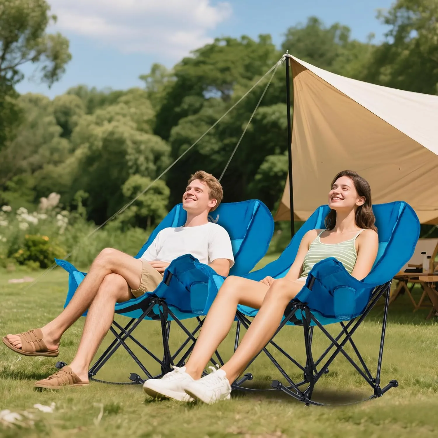 Begonia.K Oversized Rocking Camping Chair with Cooler Bag - Fully Padded Patio Chair with Side Pocket and Carry Bag - Outdoor Folding Lawn Recliner with Cup Holder for Adults - Heavy Duty 400 LBS