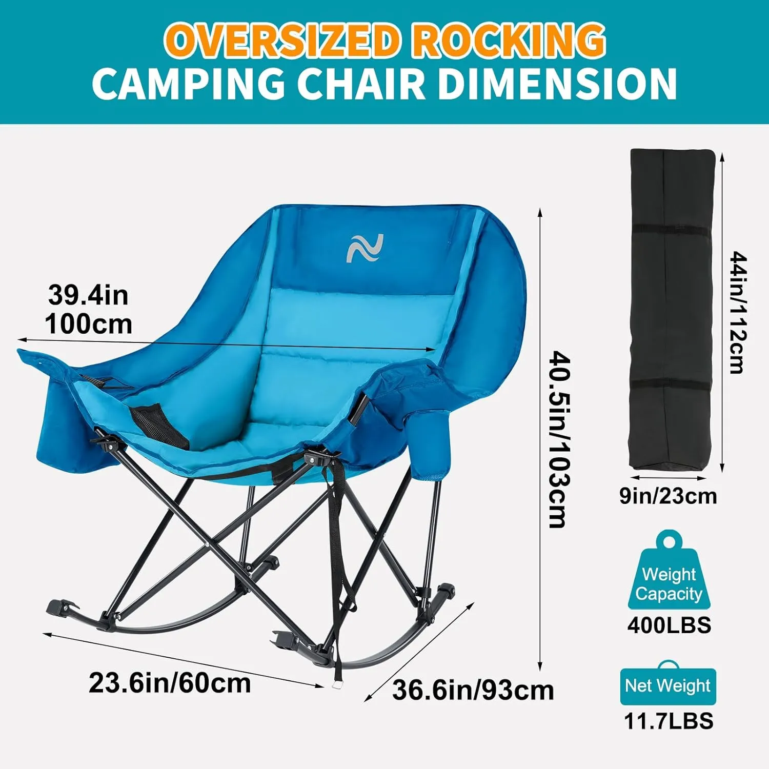 Begonia.K Oversized Rocking Camping Chair with Cooler Bag - Fully Padded Patio Chair with Side Pocket and Carry Bag - Outdoor Folding Lawn Recliner with Cup Holder for Adults - Heavy Duty 400 LBS