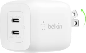 Belkin 45W Dual USB-C Wall Charger, Fast Charging Power Delivery 3.0 w/ GaN Technology for iPhone 16, 15, 14, 13, Pro, Pro Max, iPad, MacBook, Galaxy S25, Nintendo Switch 2 & More - White